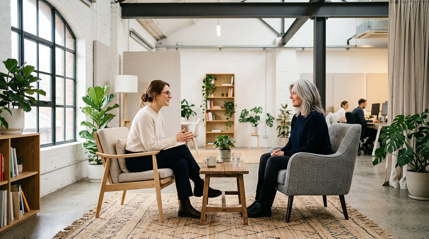 A practitioner and patient in conversation in a bright practice office